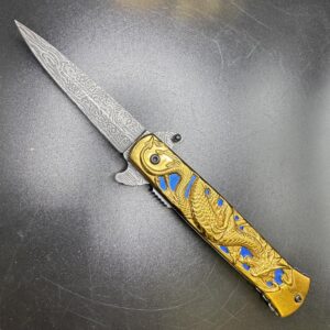 GOLDENSUN Gold dragon folding knife blue handle GSE32 GDBLZ