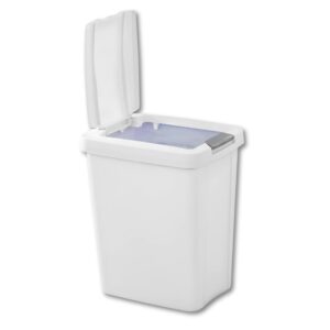 UNIESSENTIALS 7.5 Gallon White Wastebasket with Touch-Open Lid: Ideal Office Trash Can, Under Sink Trash Can, Or Garbage Can with Lid for Mudroom, Kitchen, Bathroom, Mudroom