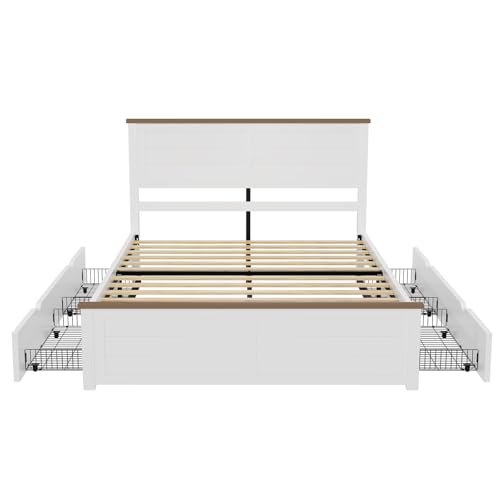 LUXOAK Farmhouse Full Size Bed Frame with Headboard and 4 Storage Drawers, Wooden Barn Door Platform Bed with Wood Slats, Heavy Duty Mattress Foundation, Non-Slip & Noise-Free, Antique White