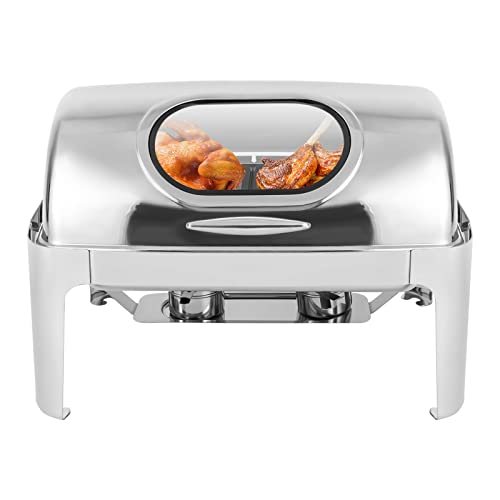 Food Warmer Roll Top Chafing Dish Buffet Set Stainless Steel Warmers Double Compartment Thermal Pot Electric Hot Plate/Alcohol Stove Heating for Buffet Banquet Catering Party (9L) (Glass Window)