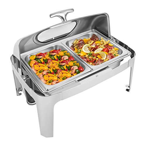 Food Warmer Roll Top Chafing Dish Buffet Set Stainless Steel Warmers Double Compartment Thermal Pot Electric Hot Plate/Alcohol Stove Heating for Buffet Banquet Catering Party (9L) (Glass Window)