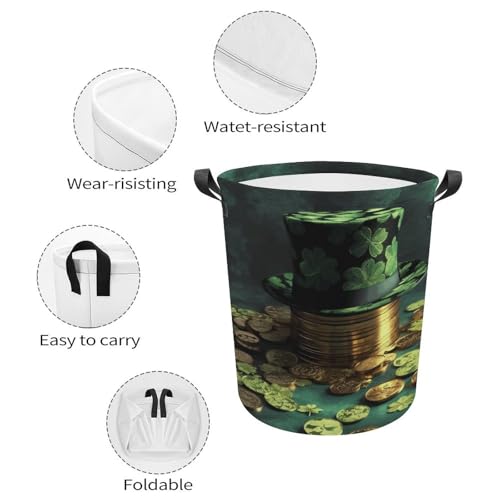 Laundry Hamper Green Hat And Gold Coins Freestanding Laundry Basket Thickened Waterproof Collapsible Clothes Hamper Storage for Clothes Toys Dorm And Family