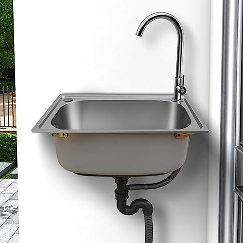 Small Wall Mounted Bathroom Sink, Stainless Steel Hand Sink with Cold Alone Faucet, Utility Laundry Portable Handwashing Station, for Garage Garden Kitchen Laundry Room, Outdoor，55x40cm