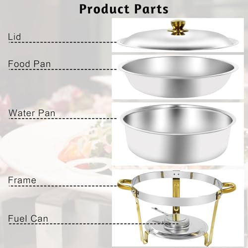 Jwevvie Gold Chafing Dishes for Buffet, 5QT Round Chafing Dish Buffet Set w/Lid, Thickened Stainless Steel Chafers and Buffet Warmers Sets for Weddings, Events, Banquet (8-Pack)