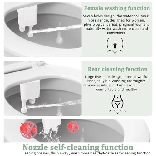 Bidet Attachment for Toilet, Bidet Toilet Seat dua l Nozzle, Non-electric Bidet Sprayer with Adjustable Water Pressure, Smart Toilet Seat Flusher for Sanitary and Feminine Wash