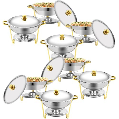 Jwevvie Gold Chafing Dishes for Buffet, 5QT Round Chafing Dish Buffet Set w/Lid, Thickened Stainless Steel Chafers and Buffet Warmers Sets for Weddings, Events, Banquet (8-Pack)