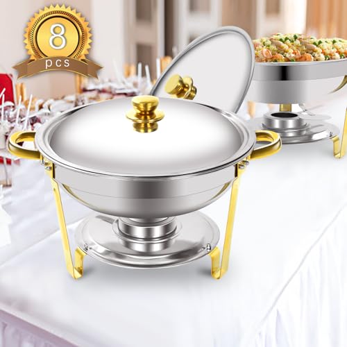 Jwevvie Gold Chafing Dishes for Buffet, 5QT Round Chafing Dish Buffet Set w/Lid, Thickened Stainless Steel Chafers and Buffet Warmers Sets for Weddings, Events, Banquet (8-Pack)