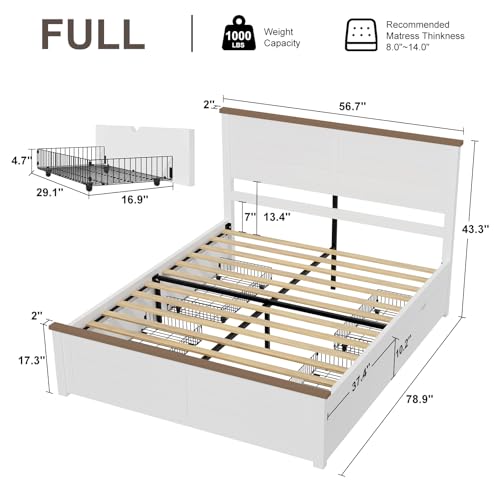 LUXOAK Farmhouse Full Size Bed Frame with Headboard and 4 Storage Drawers, Wooden Barn Door Platform Bed with Wood Slats, Heavy Duty Mattress Foundation, Non-Slip & Noise-Free, Antique White