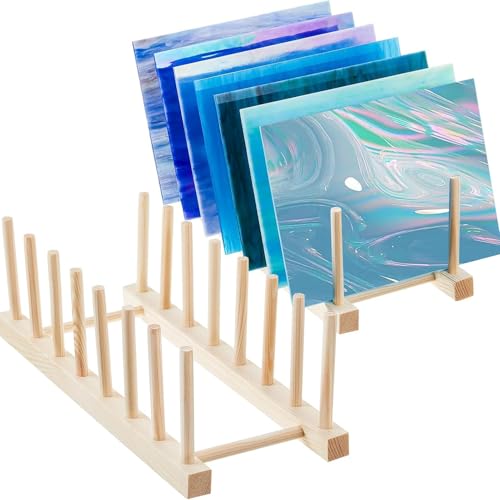 Qinlenyan 2Pcs Stained Glass Organizer Rack Bamboo Wooden Plate Dish Racks Space-saving Cabinet Organizer for Stained Glass Panel/Dish/Plate/Bowl/Cup/Pot Lid/Cutting Board 7Grid