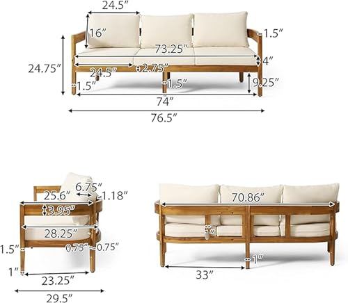 Merax 76.5" Outdoor 3 Seater Patio Sofa Acacia Wood Frame Conversation Set with Cushions