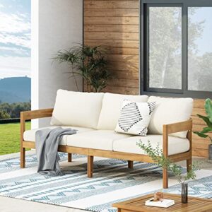 merax 76.5" outdoor 3 seater patio sofa acacia wood frame conversation set with cushions