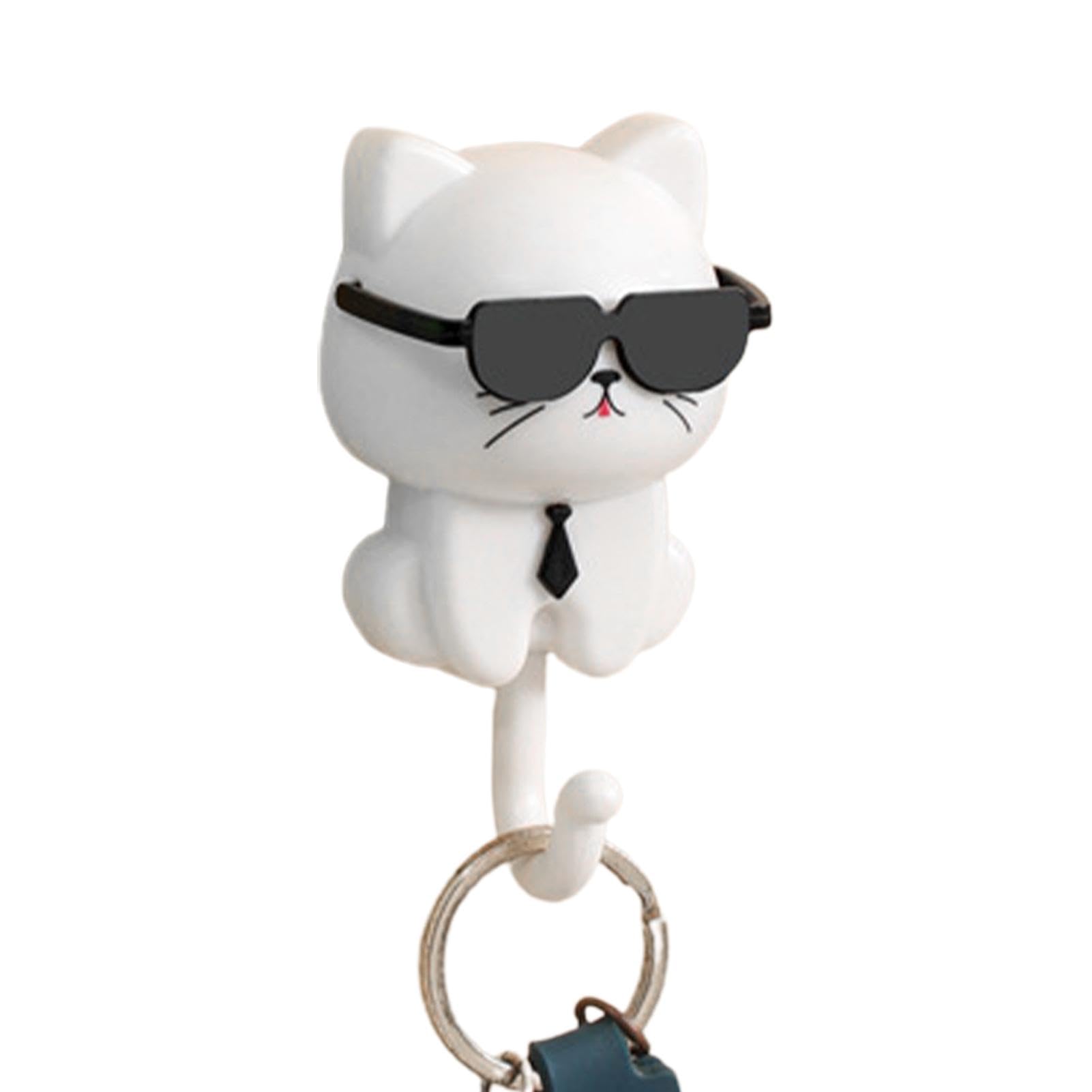 Cute Wall Hooks, Cute Key Hook Holder for Wall, Heavy Duty Adhesive Cat Key Holder, Cartoon Sunglasses Cat Key Holder Wall Mount for Bag Scarf Hat Towel