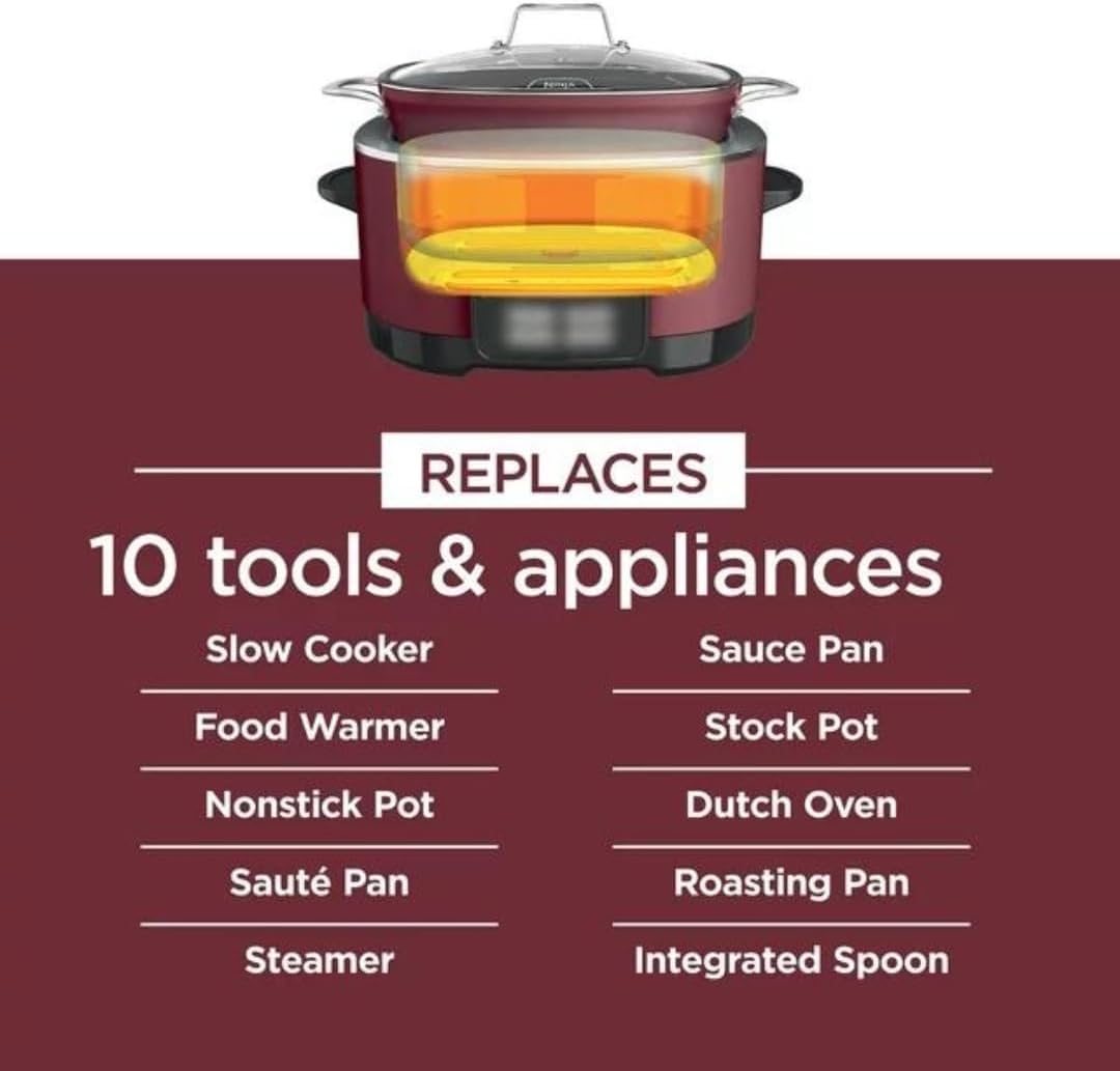 Ninja Foodi PossibleCooker PRO MC1000 8.5Qt Multicooker 8 in 1 Slow Cooker, Dutch Oven, Steam Bake Roast Sear Sauté Bread Maker Warmer, Glass Lid, Integrated Spoon, Nonstick (Cherry)