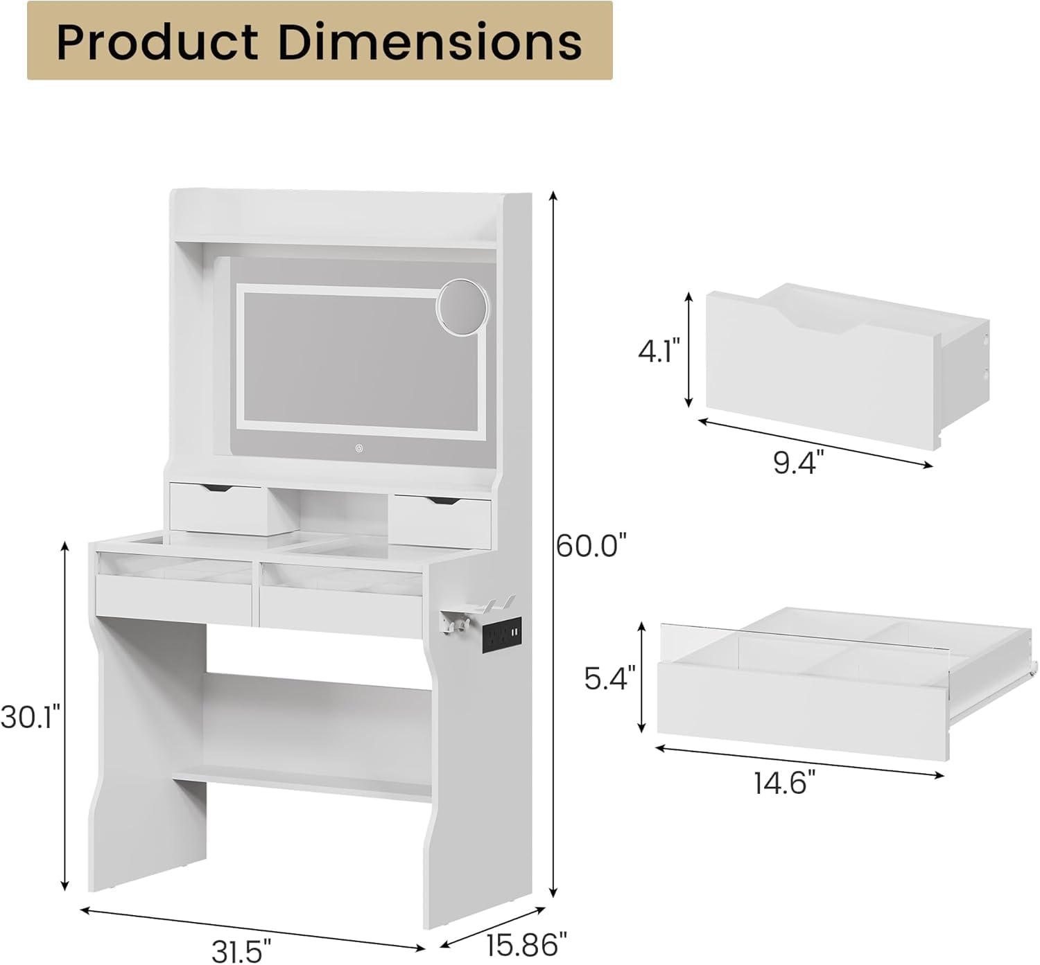 coucheta Vanity Desk with LED Lighted Mirror & Power Outlet, Makeup Vanity with 4 Drawers Lots Storage, 3 Lighting Modes Adjustable Brightness, Dressing Table for Bedroom Dressing Room