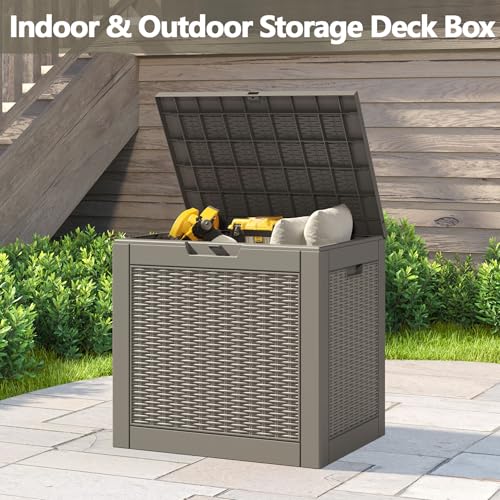 Esmlada Deck Box, 31 Gallon Resin Deck Box Indoor and Outdoor Storage Waterproof Boxes Lockable Lid for Garden Tools, Pool Supplies, Patio Furniture and Cushions, Grey