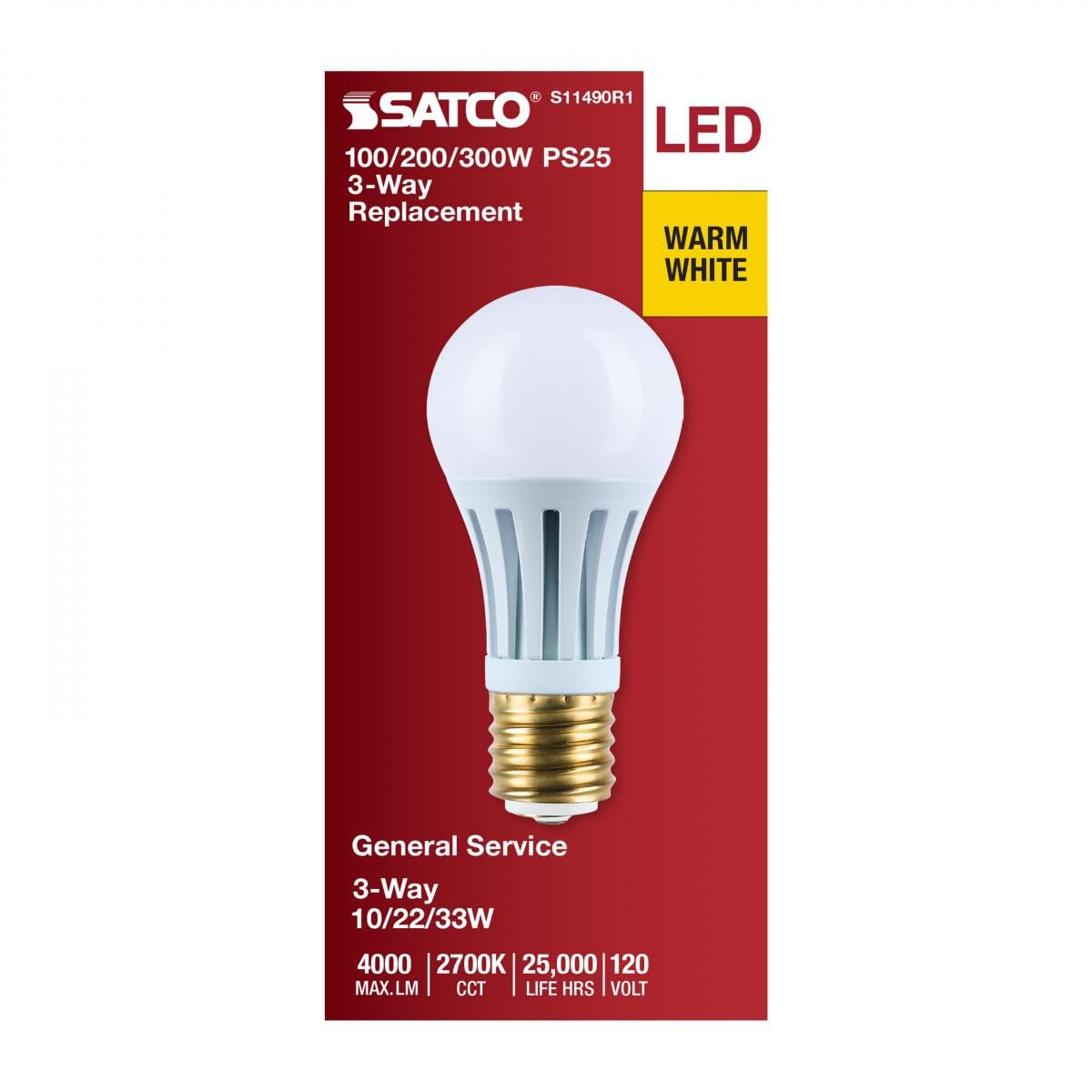 Satco LED Three-Way Lamp, 10/22/33W, Mogul Base, 2700K, White Finish (1)