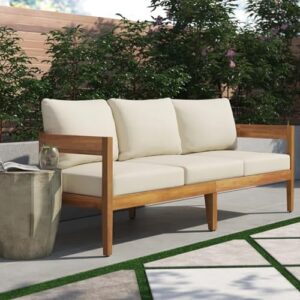 Merax 76.5" Outdoor 3 Seater Patio Sofa Acacia Wood Frame Conversation Set with Cushions