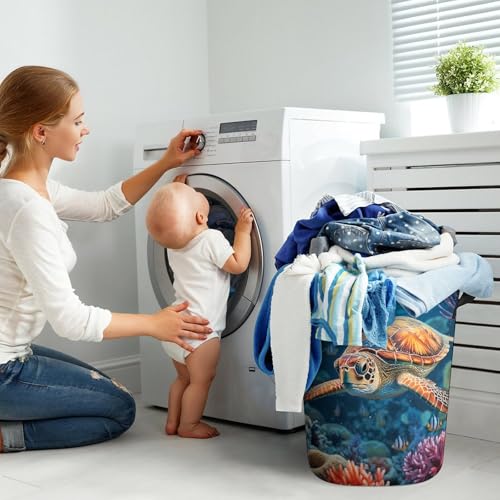 Laundry Hamper Ocean Sea Turtle Freestanding Laundry Basket Thickened Waterproof Collapsible Clothes Hamper Storage for Clothes Toys Dorm And Family