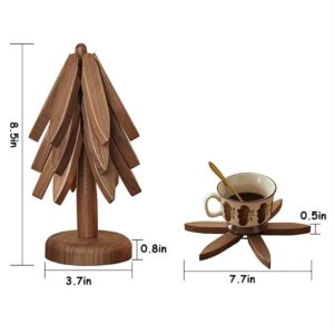 Wooden Trivets for Hot Dishes, Tree Shape Trivet Set for Hot Dish, Tree Table Mat Wooden Trivet for Hot Dishes Bowl, Foldable Kitchen Wooden Trivet with 5 Wooden Trivets, 1 Stand(Walnut Wood)