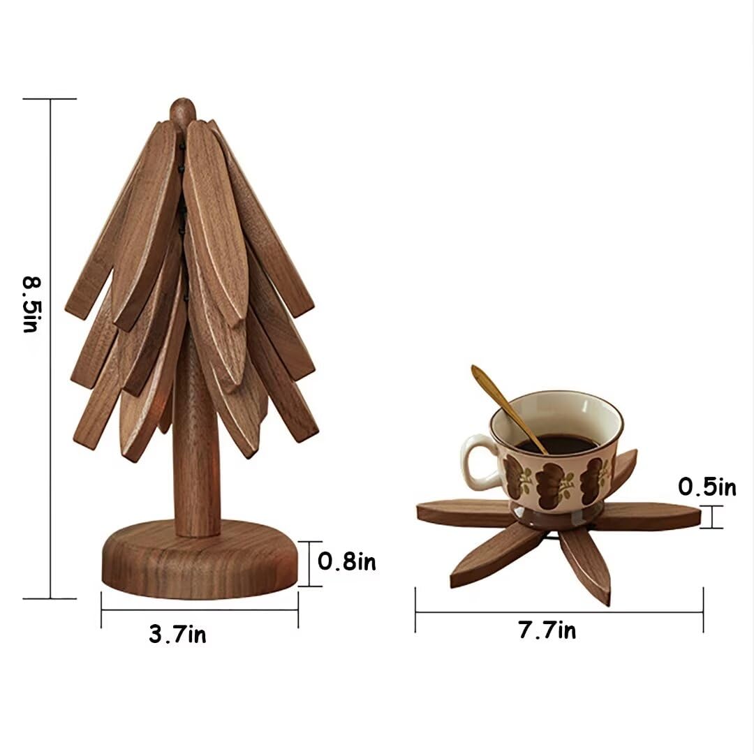 Wooden Trivets for Hot Dishes, Tree Shape Trivet Set for Hot Dish, Tree Table Mat Wooden Trivet for Hot Dishes Bowl, Foldable Kitchen Wooden Trivet with 5 Wooden Trivets, 1 Stand(Walnut Wood)