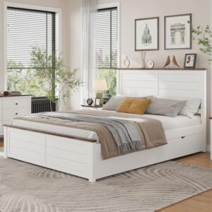 LUXOAK Farmhouse Full Size Bed Frame with Headboard and 4 Storage Drawers, Wooden Barn Door Platform Bed with Wood Slats, Heavy Duty Mattress Foundation, Non-Slip & Noise-Free, Antique White