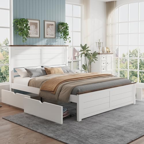 LUXOAK Farmhouse Full Size Bed Frame with Headboard and 4 Storage Drawers, Wooden Barn Door Platform Bed with Wood Slats, Heavy Duty Mattress Foundation, Non-Slip & Noise-Free, Antique White