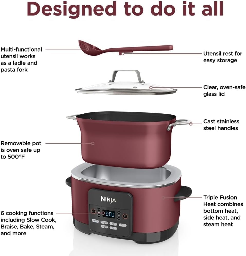 Ninja Foodi PossibleCooker PRO MC1000 8.5Qt Multicooker 8 in 1 Slow Cooker, Dutch Oven, Steam Bake Roast Sear Sauté Bread Maker Warmer, Glass Lid, Integrated Spoon, Nonstick (Cherry)