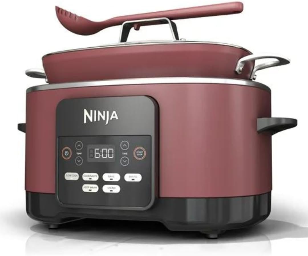 Ninja Foodi PossibleCooker PRO MC1000 8.5Qt Multicooker 8 in 1 Slow Cooker, Dutch Oven, Steam Bake Roast Sear Sauté Bread Maker Warmer, Glass Lid, Integrated Spoon, Nonstick (Cherry)