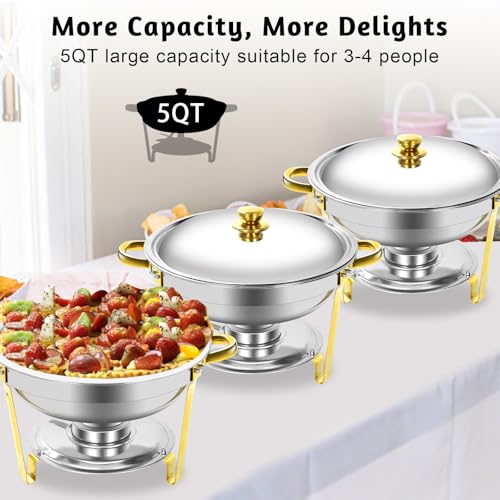 Jwevvie Gold Chafing Dishes for Buffet, 5QT Round Chafing Dish Buffet Set w/Lid, Thickened Stainless Steel Chafers and Buffet Warmers Sets for Weddings, Events, Banquet (8-Pack)