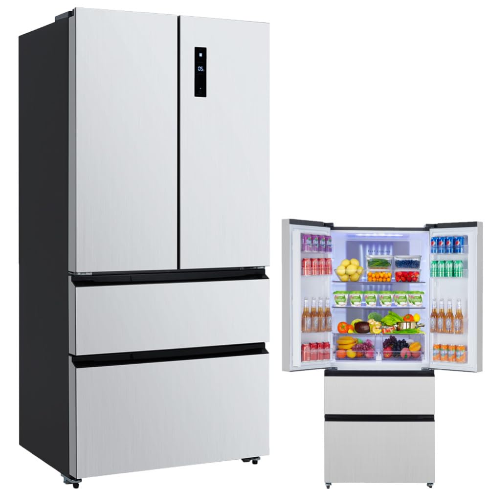 French Door Refrigerator, 33" & 18.8Cu.Ft Counter Depth French Refrigerator, 4-Door Stainless Steel Refrigerator w/6.5Cu.Ft Freezer Capacity, Kitchen Fridge w/Digital Temperature Control Auto Defrost