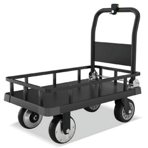 electric push cart dolly, moving platform hand truck, 1322 lb weight capacity, 20km range, foldable, 360 degree swivel wheels, black (with fence, 35.4 * 23.6inch)