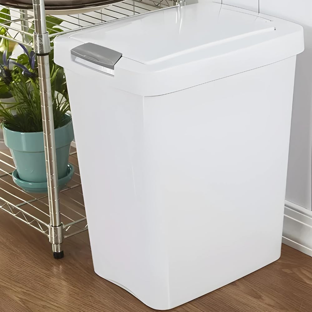 UNIESSENTIALS 7.5 Gallon White Wastebasket with Touch-Open Lid: Ideal Office Trash Can, Under Sink Trash Can, Or Garbage Can with Lid for Mudroom, Kitchen, Bathroom, Mudroom