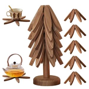 wooden trivets for hot dishes, tree shape trivet set for hot dish, tree table mat wooden trivet for hot dishes bowl, foldable kitchen wooden trivet with 5 wooden trivets, 1 stand(walnut wood)