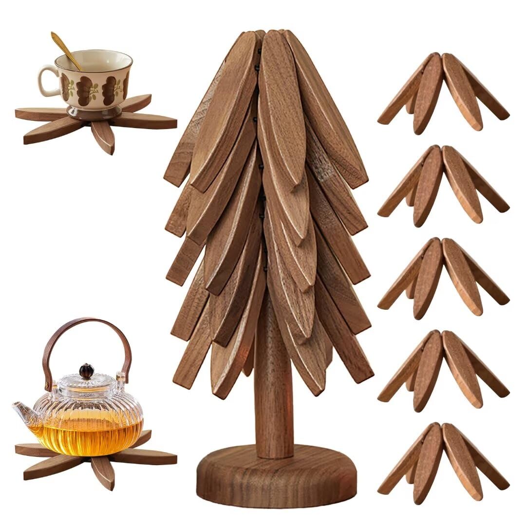 Wooden Trivets for Hot Dishes, Tree Shape Trivet Set for Hot Dish, Tree Table Mat Wooden Trivet for Hot Dishes Bowl, Foldable Kitchen Wooden Trivet with 5 Wooden Trivets, 1 Stand(Walnut Wood)