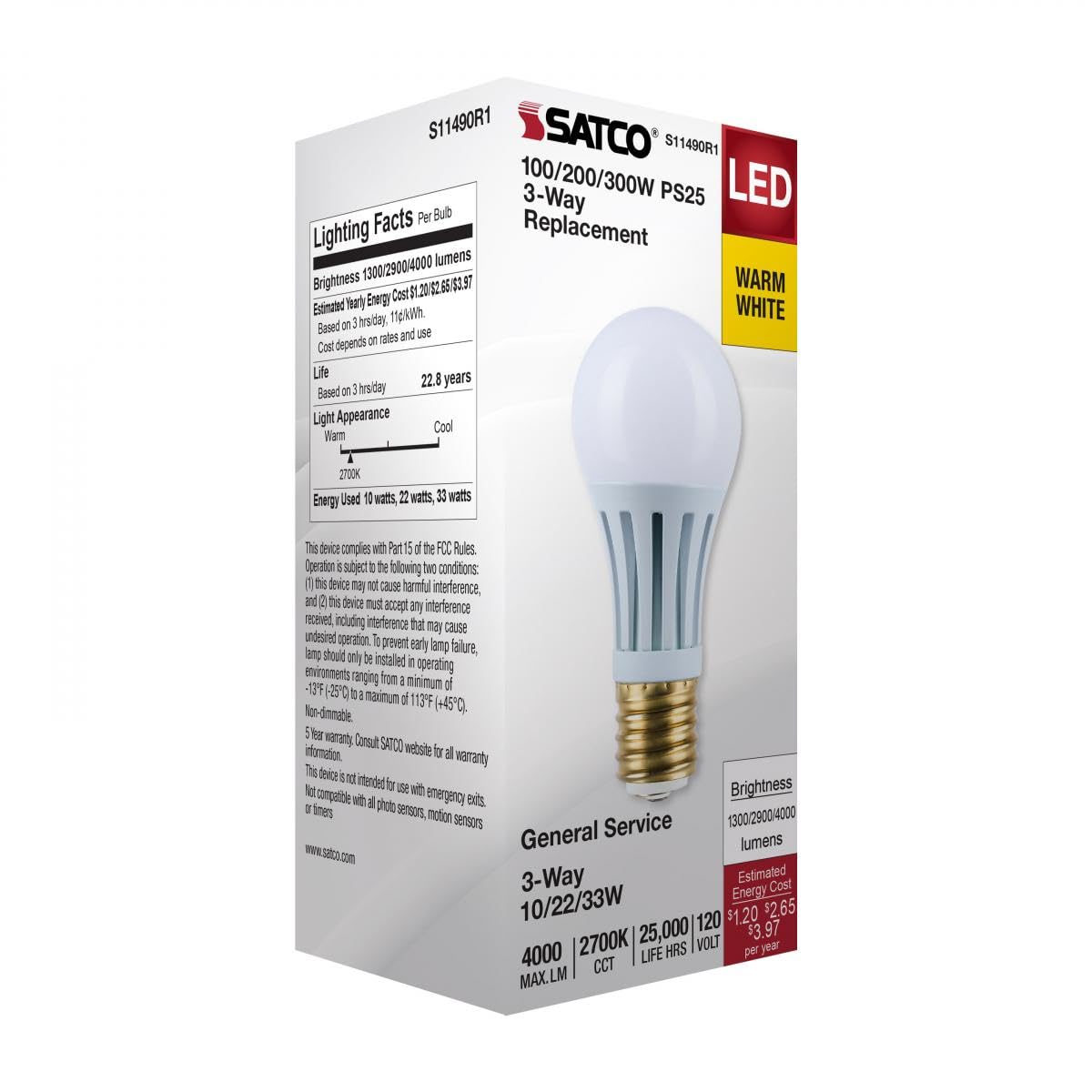 Satco LED Three-Way Lamp, 10/22/33W, Mogul Base, 2700K, White Finish (1)