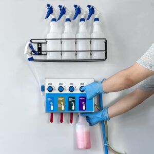 4-Products Spray Bottle, Chemical Proportioner with Wall Rack, Cleaning Chemical Dilution Dispensing Proportioner for Application in Hotel, School, Store, Restaurant, Hospital, 8134-4B-9002