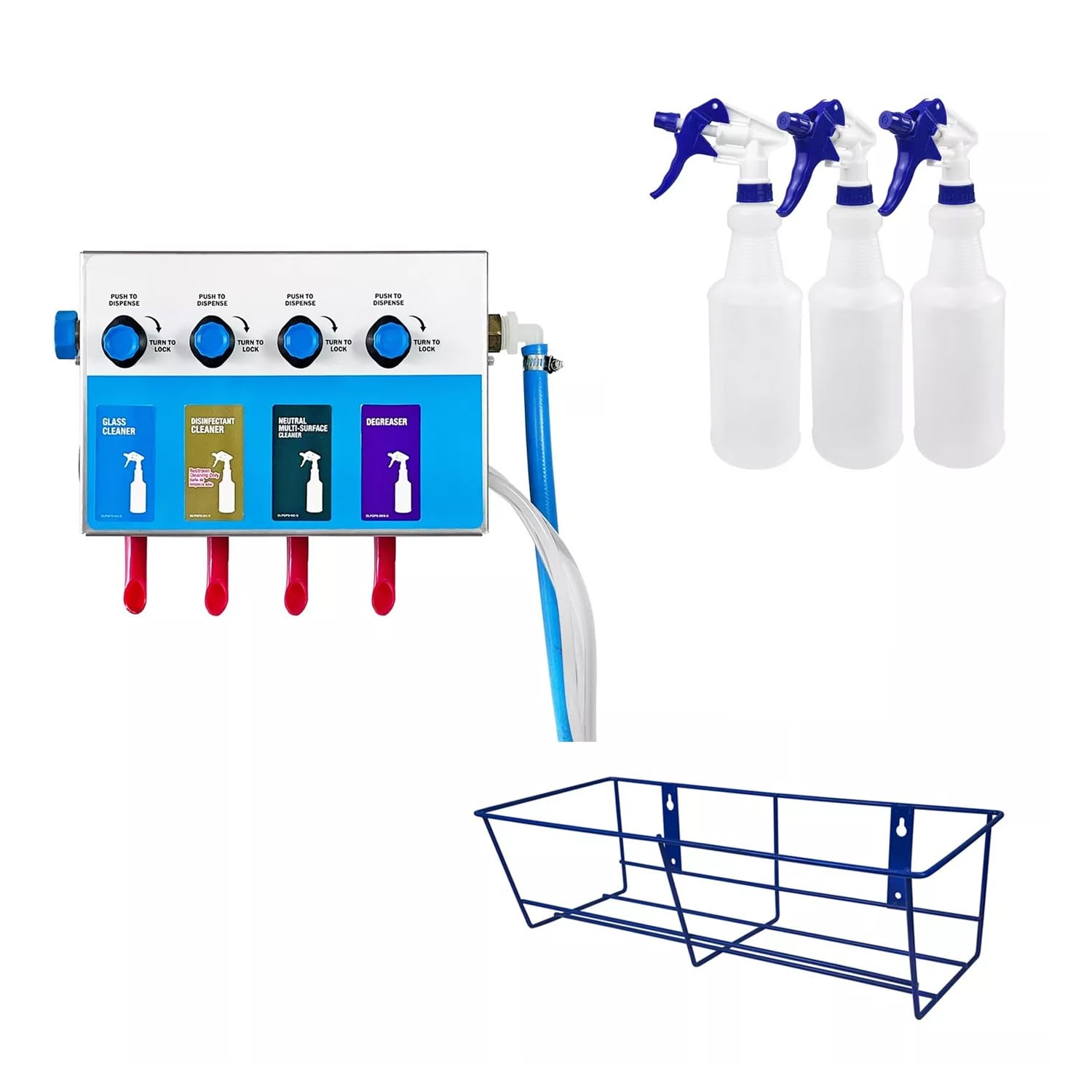 4-Products Spray Bottle, Chemical Proportioner with Wall Rack, Cleaning Chemical Dilution Dispensing Proportioner for Application in Hotel, School, Store, Restaurant, Hospital, 8134-4B-9002