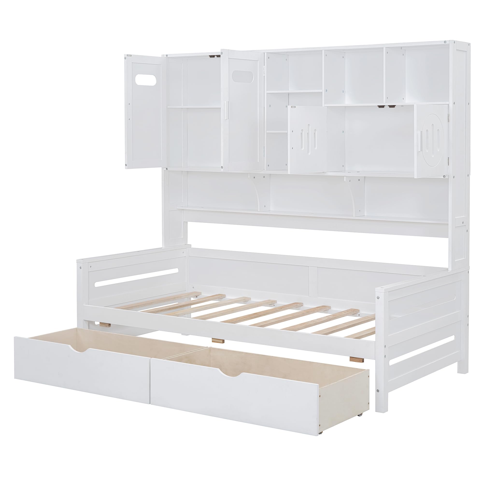 Merax Twin Size Wooden Daybed with 2 Drawers & Bookcase Headboard, and All-in-One Storage Cabinet and Shelf, White