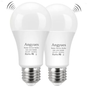 angyues radar motion sensor light bulbs, 12w(100 watt equivalent) a19 motion sensor bulb outdoor, motion detector auto-activated dusk to dawn led bulb daylight 5000k e26 (1100lm,2 pack)