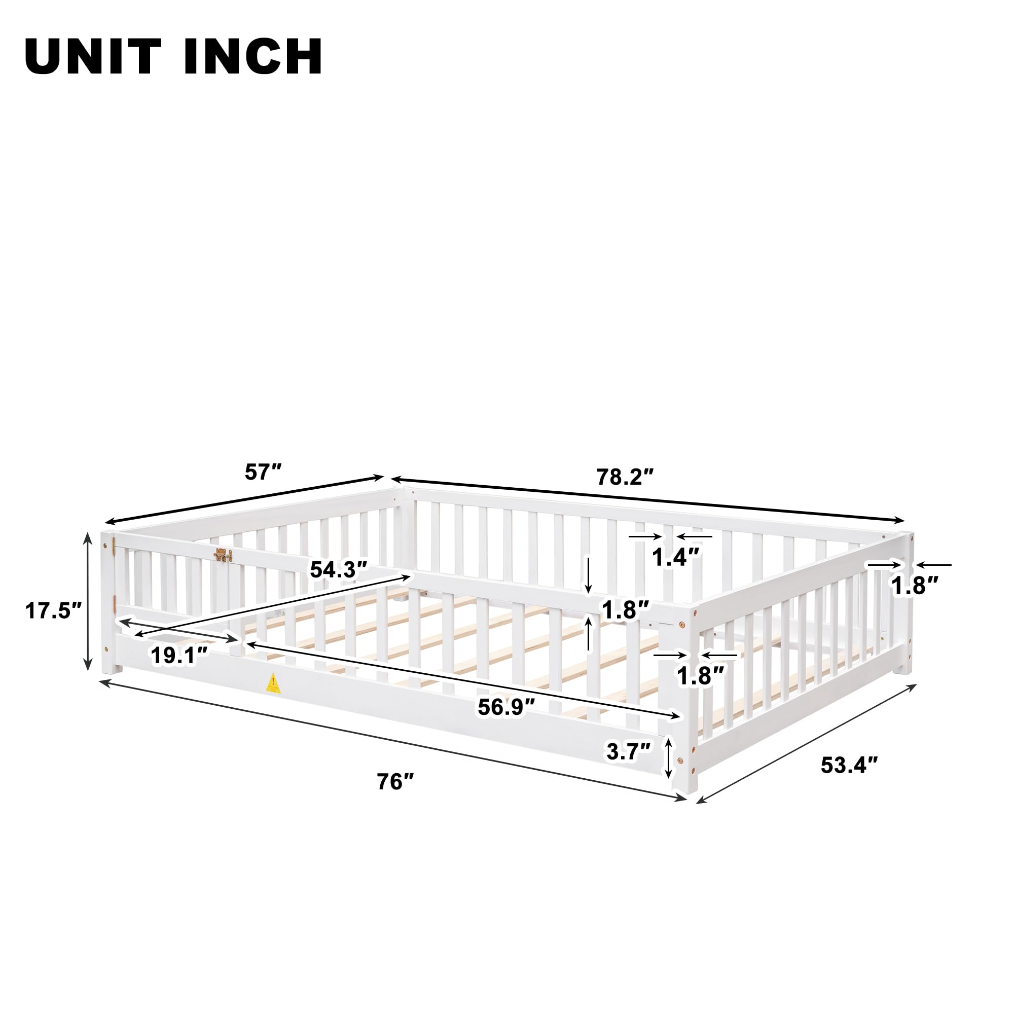 UOCFYK Full Size Floor Bed with Fence and Door for Kids Bedroom,Montessori Wood Floor Bedframe for Boys, Girls,Easy to Assemble,No Box Spring Needed,White