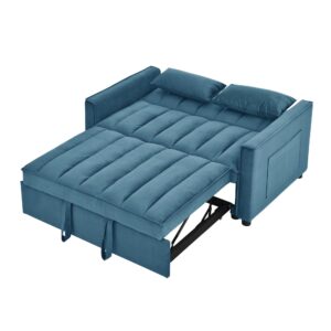 FREESNOOZE Modern Loveseat Sleeper Sofa Bed Pull Out Couch, Adjustable Backrest, Velvet 3-in-1 Convertible for Living Room Sofa with Storage Pocket, Throw Pillow(Blue)