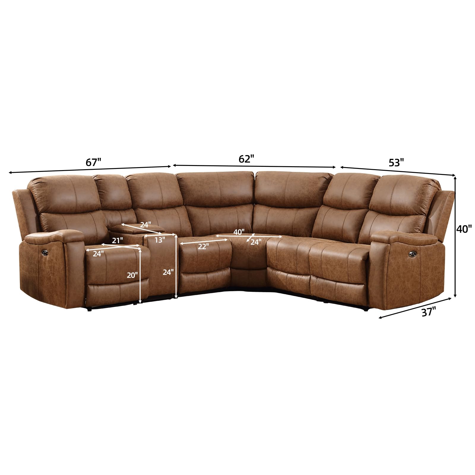 EBELLO Faux Leather Power Reclining Sectional Couches for Living Room, Recliner Sofa Set Corner Sectional Couch Home Furniture Set, with Storage Console and Hidden Cup Holders, USB Port, Brown