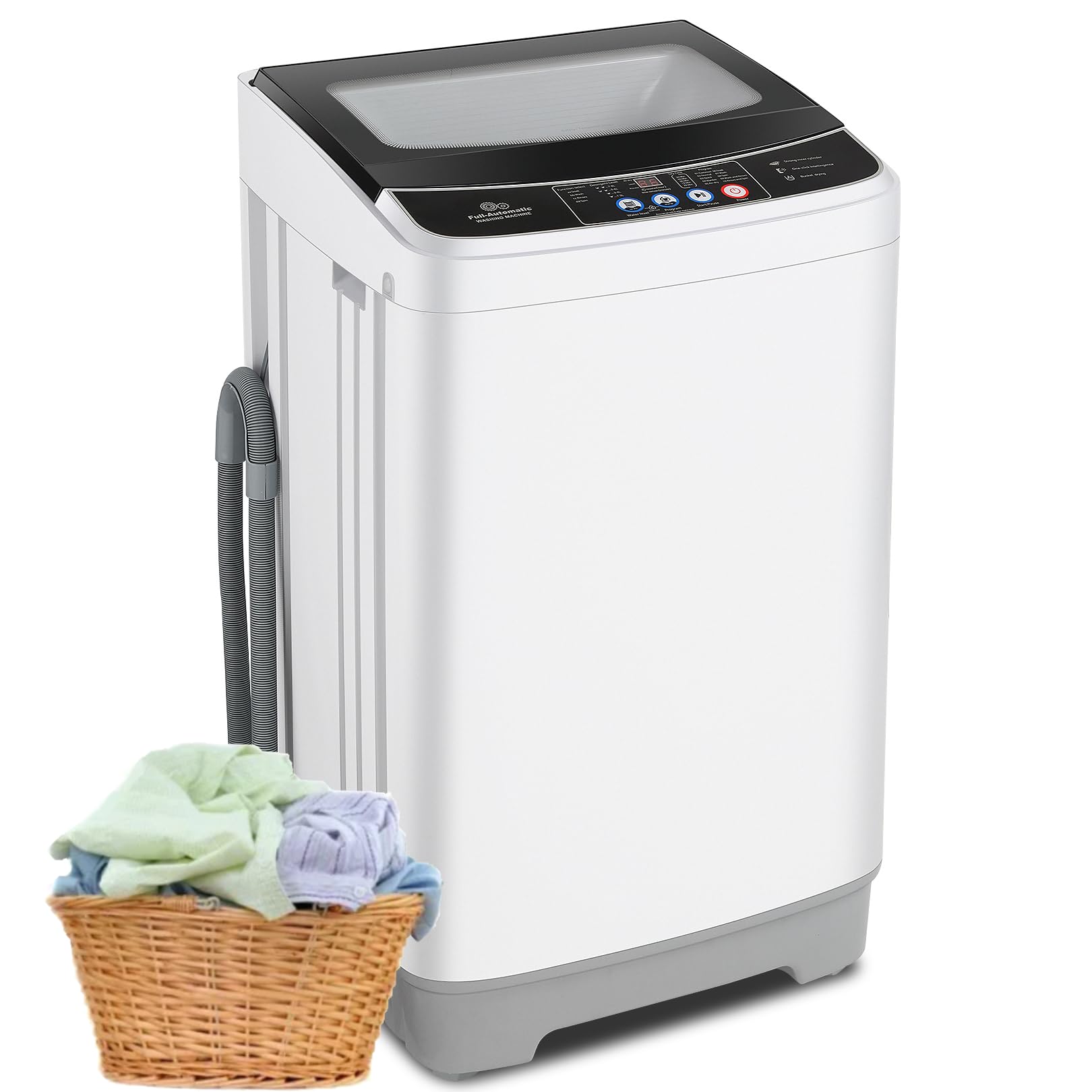 Nictemaw Portable Washing Machine, 17.8Lbs Full Automatic Washing Machine, 2.4 Cu.ft Compact Portable Washer with 10 Programs, 8 Water Levels, Glass Top Lid, Drain Pump, Ideal for Apartment, Home, RVs