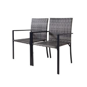 set of 2 dining chair wicker, steel frame garden outdoor furniture, backyard deck 265lb with armrest (grey)