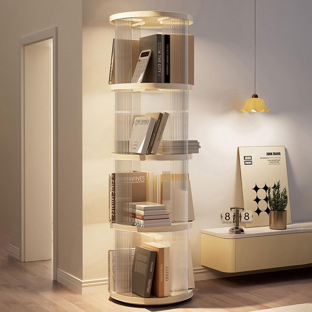 Aeovot Clear Round Rotating Bookshelf, 4 Tier Spinning Bookshelf Swivel Bookcase Tower for Kids Bedroom, Freestanding Modern White Corner Bookshelf Storage Display Rack