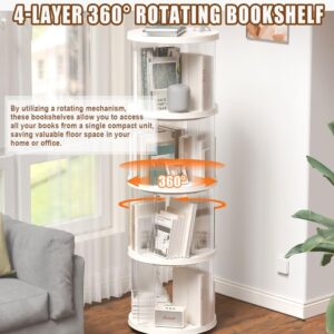 Aeovot Clear Round Rotating Bookshelf, 4 Tier Spinning Bookshelf Swivel Bookcase Tower for Kids Bedroom, Freestanding Modern White Corner Bookshelf Storage Display Rack