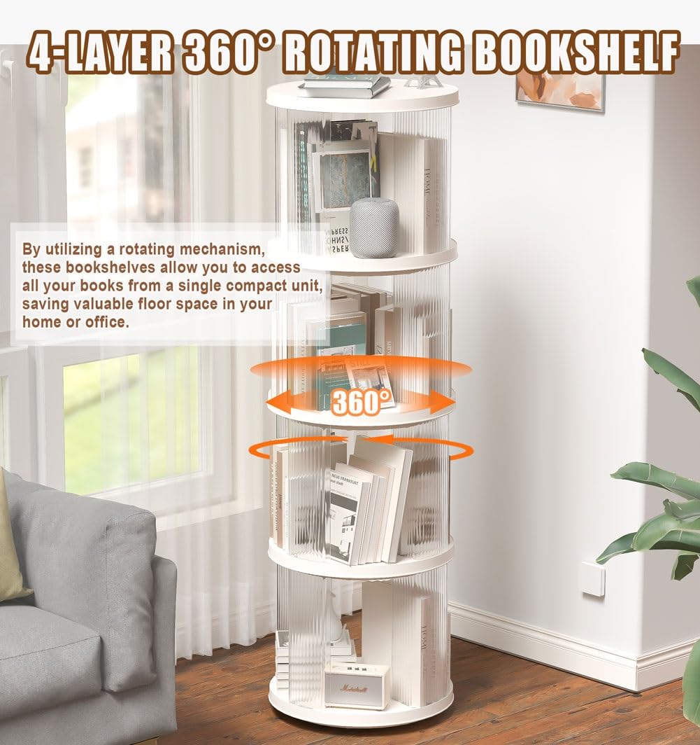 Aeovot Clear Round Rotating Bookshelf, 4 Tier Spinning Bookshelf Swivel Bookcase Tower for Kids Bedroom, Freestanding Modern White Corner Bookshelf Storage Display Rack