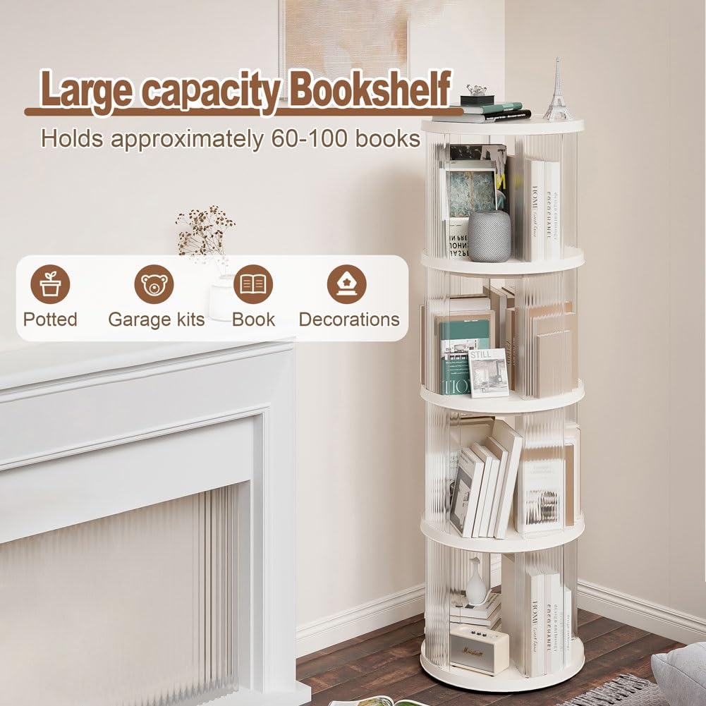 Aeovot Clear Round Rotating Bookshelf, 4 Tier Spinning Bookshelf Swivel Bookcase Tower for Kids Bedroom, Freestanding Modern White Corner Bookshelf Storage Display Rack