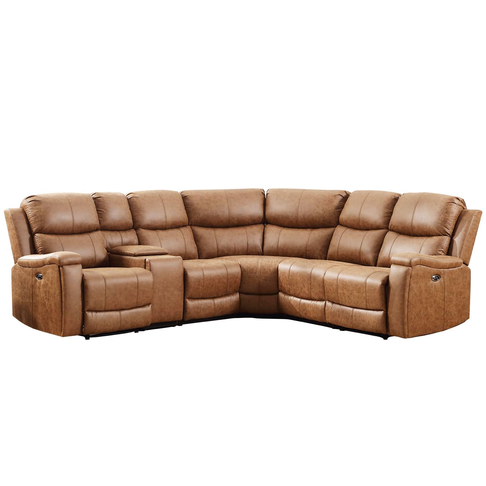 EBELLO Faux Leather Power Reclining Sectional Couches for Living Room, Recliner Sofa Set Corner Sectional Couch Home Furniture Set, with Storage Console and Hidden Cup Holders, USB Port, Brown