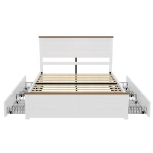 LUXOAK Queen Size Farmhouse Bed Frame with Headboard and 4 Sliding Drawers, Wooden Barn Door Panel Platform Bed with Wood Slats, Heavy Duty Mattress Foundation, Non-Slip & Noise-Free, Antique White